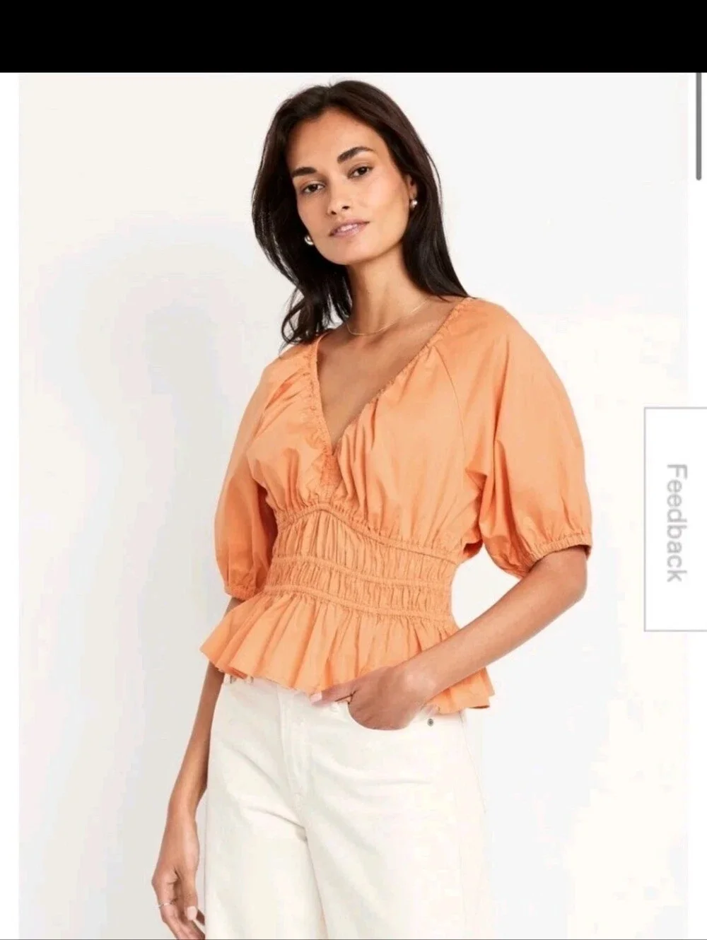 Old Navy Smocked Peplum Puff Sleeve Orange Cotton Peasant Blouse L Boho Babydoll
